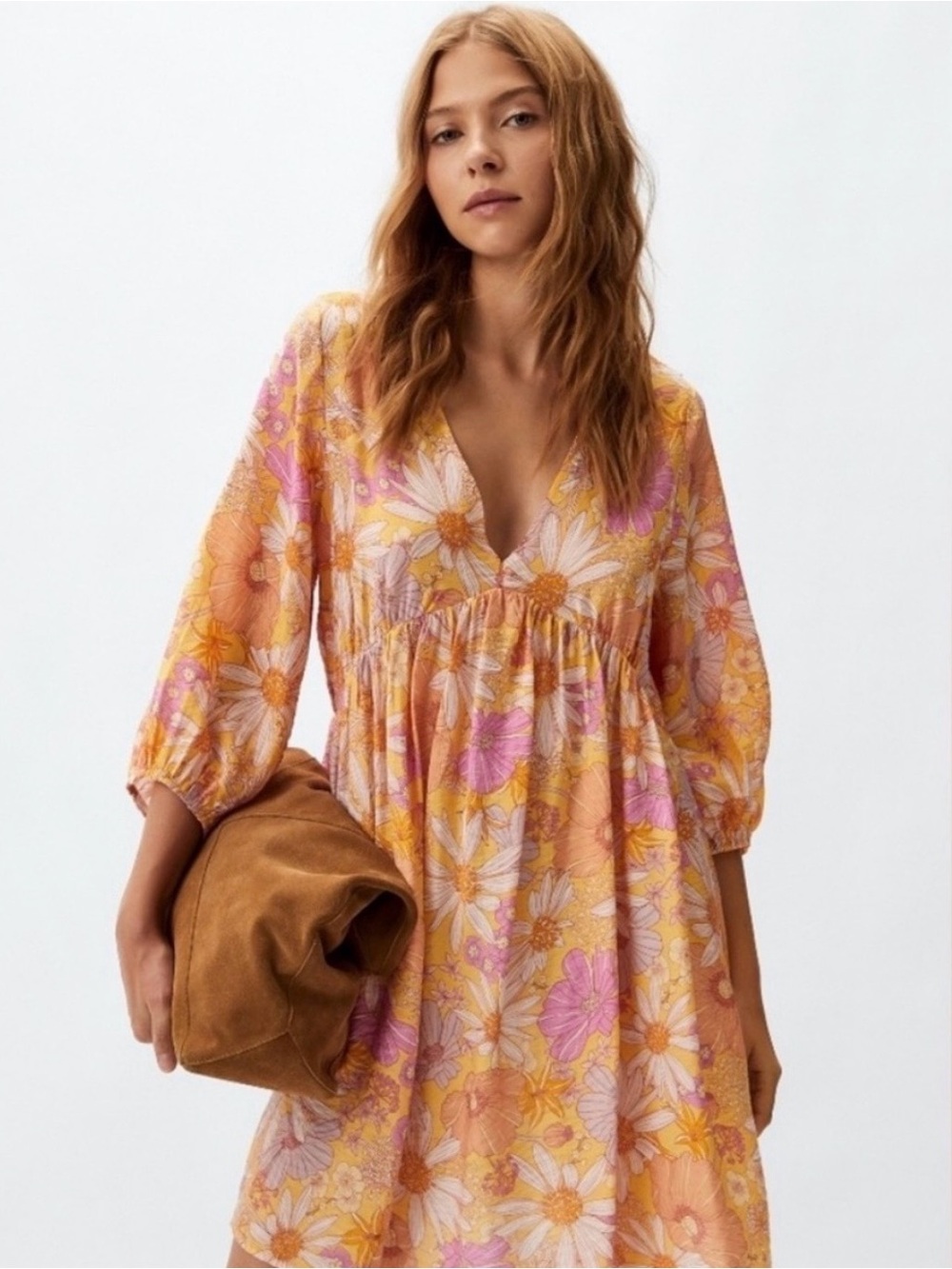 H&M Yellow Pink Daisy Print V-Neck Smock Dress